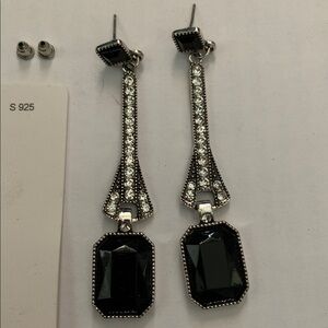 3” dangle 20’s style aged silver tone w crystals pierced earring w silver posts